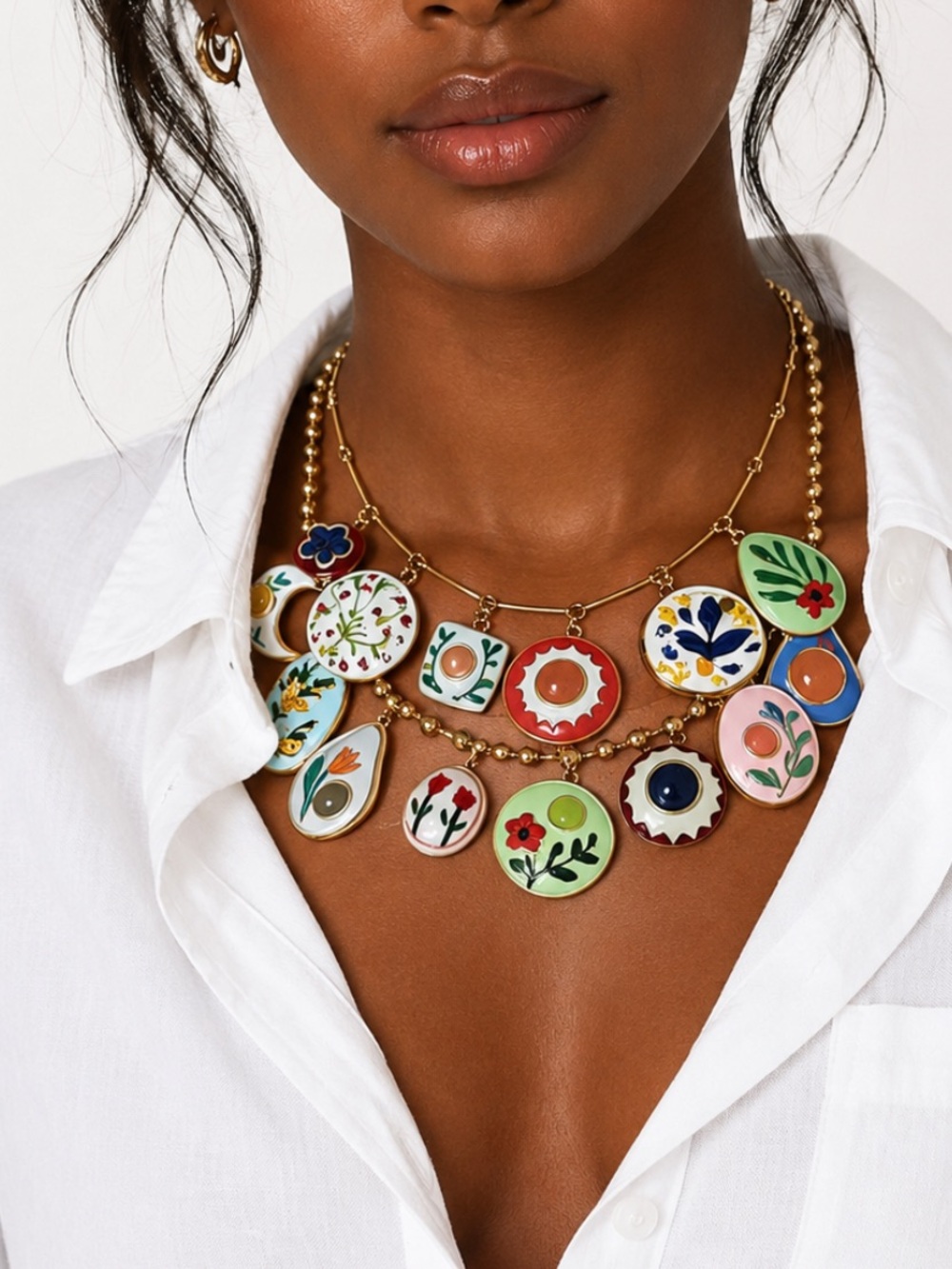 New! Preppy Boho Flower Charm Statement Necklace Stack Set NWOT 5058